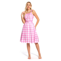 2023 Movie Margot Robbie Pink Plaid Long Dress Outfits Cosplay Costume