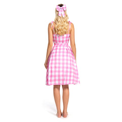 2023 Movie Margot Robbie Pink Plaid Long Dress Outfits Cosplay Costume