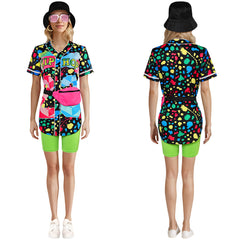 80S Hip Hop Women's Printed Baseball Shirt 7-Piece Set Cosplay Outfits Halloween Party Suit
