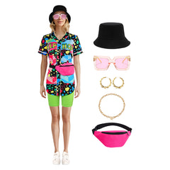 80S Hip Hop Women's Printed Baseball Shirt 7-Piece Set Cosplay Outfits Halloween Party Suit