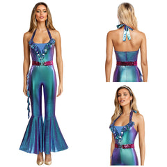 Disco Party Retro 70s Women Blue Flared Jumpsuit 3 Piece Set Cosplay Halloween Outfits