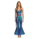 Disco Party Retro 70s Women Blue Flared Jumpsuit 3 Piece Set Cosplay Halloween Outfits