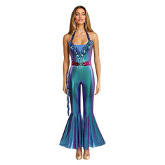Disco Party Retro 70s Women Blue Flared Jumpsuit 3 Piece Set Cosplay Halloween Outfits