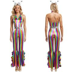 Disco Party Retro 70s Women Flared Jumpsuit 3 Piece Set Cosplay Outfits Halloween Carnival Suit
