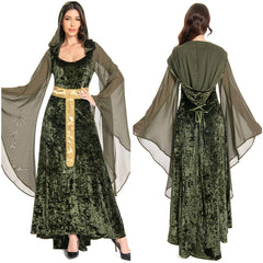 Medieval Retro Trumpet Sleeves Hooded Women Dress Halloween Cosplay Costume Fancy Carnival Outfits
