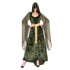 Medieval Retro Trumpet Sleeves Hooded Women Dress Halloween Cosplay Costume Fancy Carnival Outfits
