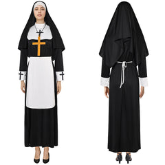 Medieval Women Nun Cosplay Robe 4 Pieces Set Halloween Church Suit
