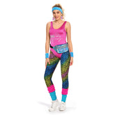 Retro 1980S Pink Disco Style Fitness Clothing 7 Piece Jumpsuit Accessories Set Cosplay Costume Outfits Halloween Carnival Suit