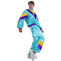 Retro 80s Blue and Purple Colorblocked 2 Piece Sportswear Tracksuit Set For Adult Men Cosplay Costume Outfits Halloween Carnival Party Suit