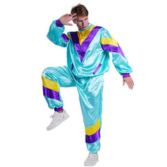 Retro 80s Blue and Purple Colorblocked 2 Piece Sportswear Tracksuit Set For Adult Men Cosplay Costume Outfits Halloween Carnival Party Suit