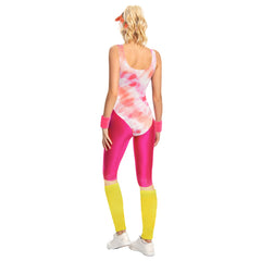 Retro 80s Colorful Rose Pink Printed 6 Piece Set Fitness Clothing For Adult Women Cosplay Costume Outfits Halloween Carnival Party Suit