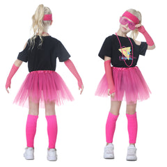 Retro 80s Pink 8 Piece Sportwear Mesh Tutu Dress Full Set For Kids Girls Cosplay Costume Outfits Halloween Carnival Party Suit