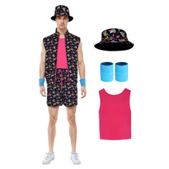 Retro Disco 6 Piece Set Adult Men 80s Printed Black Workout Clothing Cosplay Costume Outfits Halloween Carnival Suit