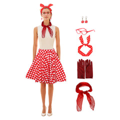 Retro 1950s Women Polka Dot Red Bustier Skirt 6 Piece Set Cosplay Outfits Halloween Party Suit