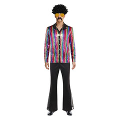 Retro 70S Disco Men Dazzling Shirt Flared Pants 6 Pieces Set Cosplay Outfits Halloween Carnival Suit