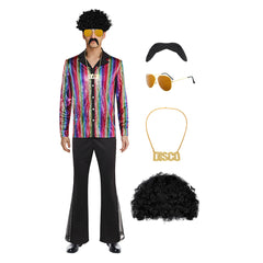 Retro 70S Disco Men Dazzling Shirt Flared Pants 6 Pieces Set Cosplay Outfits Halloween Carnival Suit