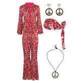 Retro 70s Hip Hop Pink Printed Costume 5 Piece Set Cosplay Outfits Halloween Party Suit