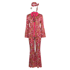 Retro 70s Hip Hop Pink Printed Costume 5 Piece Set Cosplay Outfits Halloween Party Suit