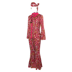 Retro 70s Hip Hop Pink Printed Costume 5 Piece Set Cosplay Outfits Halloween Party Suit
