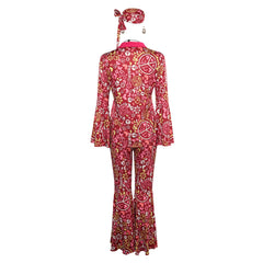 Retro 70s Hip Hop Pink Printed Costume 5 Piece Set Cosplay Outfits Halloween Party Suit