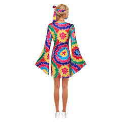 Retro 70s Hip Hop Women Colorful Printed Fringe Dress 7 Piece Set Halloween Cosplay Costume