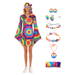 Retro 70s Hip Hop Women Colorful Printed Fringe Dress 7 Piece Set Halloween Cosplay Costume