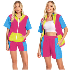 Retro 80s 2 Piece Set Pink Short-sleeved Track Suits Cosplay Outfits Halloween Party Suit