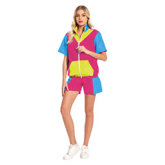 Retro 80s 2 Piece Set Pink Short-sleeved Track Suits Cosplay Outfits Halloween Party Suit