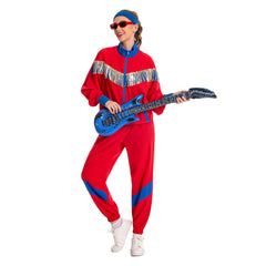 Retro 80s Unisex Sequined Red 6 Piece Set Sportswear Cosplay Outfits Halloween Party Suit