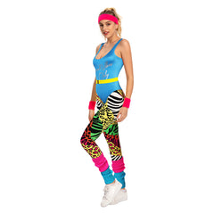 Retro 80s Women Blue Disco Workout Sportswear 7 Piece Set Cosplay Outfits Halloween Party Suit