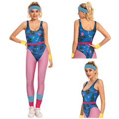 Retro 80s Women Blue Sportswear Bodysuit 6 Piece Set Cosplay Outfits Halloween Party Suit