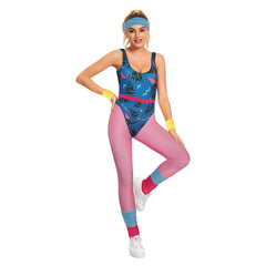Retro 80s Women Blue Sportswear Bodysuit 6 Piece Set Cosplay Outfits Halloween Party Suit