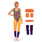Retro 80s Women Cat Printed 6 Piece Set Orange Sportswear Cosplay Outfits Halloween Party Suit