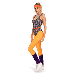 Retro 80s Women Cat Printed 6 Piece Set Orange Sportswear Cosplay Outfits Halloween Party Suit