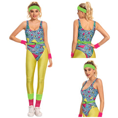 Retro 80s Women Yellow Sportswear Bodysuit 6 Piece Set Cosplay Outfits Halloween Party Suit