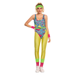 Retro 80s Women Yellow Sportswear Bodysuit 6 Piece Set Cosplay Outfits Halloween Party Suit