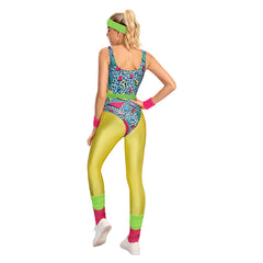 Retro 80s Women Yellow Sportswear Bodysuit 6 Piece Set Cosplay Outfits Halloween Party Suit