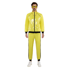 Retro 90S Disco Patent Leather Glossy Yellow 5 Pieces Set Cosplay Outfits Halloween Carnival Suit