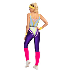 Women 80S Retro Purple Bodysuit 6 Piece Set Cosplay Outfits Halloween Party Suit