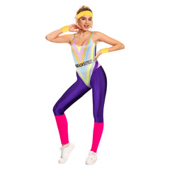 Women 80S Retro Purple Bodysuit 6 Piece Set Cosplay Outfits Halloween Party Suit