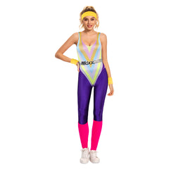 Women 80S Retro Purple Bodysuit 6 Piece Set Cosplay Outfits Halloween Party Suit