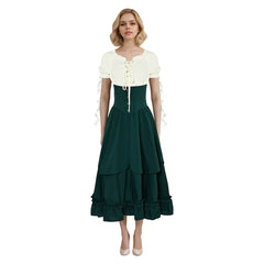 Women Renaissance Green Dress 2 Piece Set Halloween Party Suit Cosplay Outfits