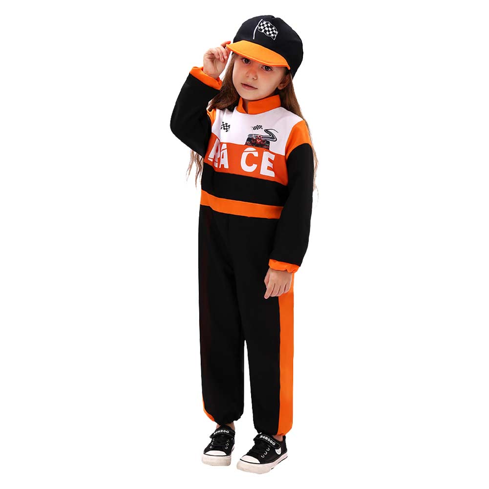 Boys Girls Racing Driver Printed Jumpsuit With Hat Cosplay Costume Outfits Halloween Carnival Suit