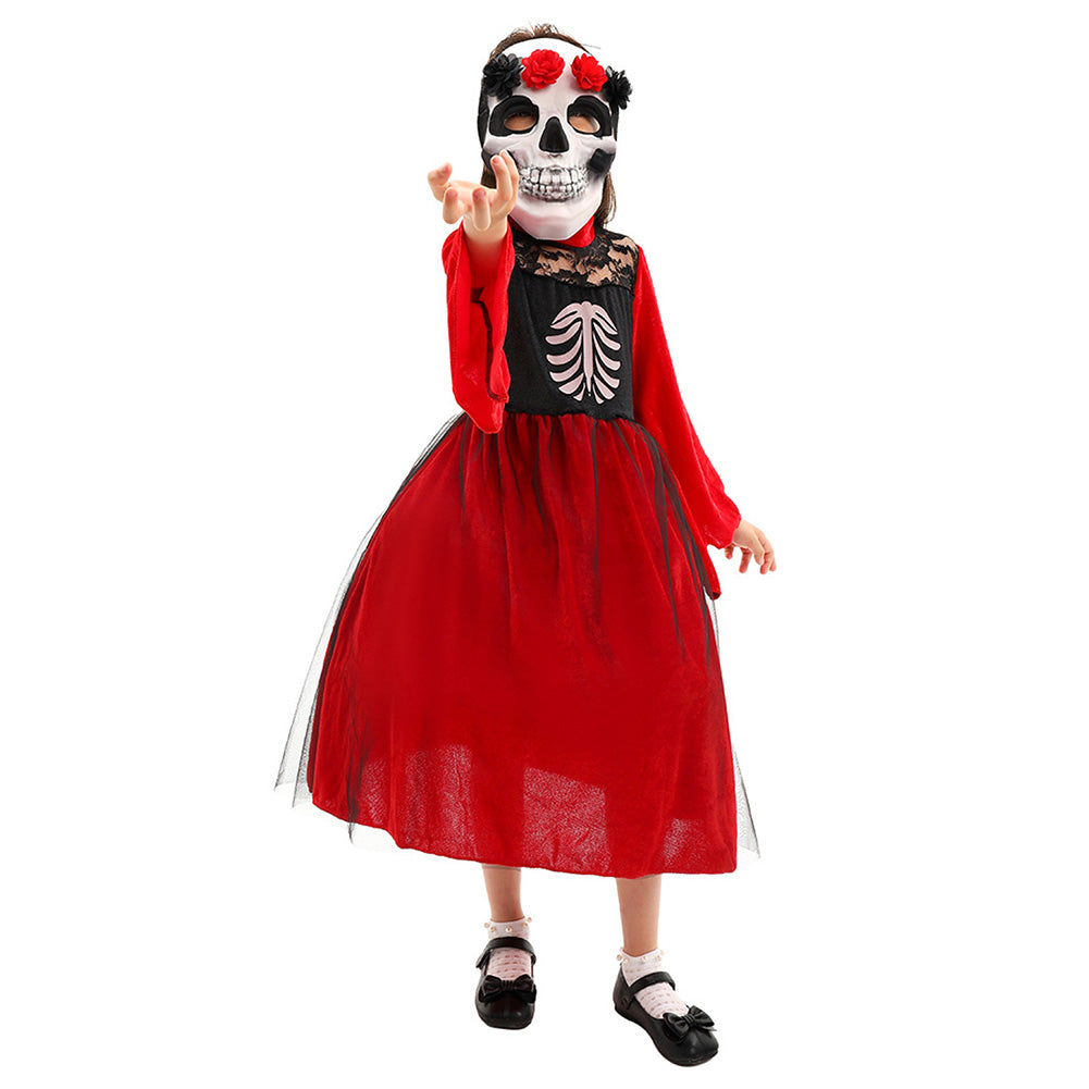 Day of the Dead Kids Girl Skeleton Mask Dress Set Cosplay Costume Outfits Halloween Carnival Suit