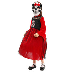 Day of the Dead Kids Girl Skeleton Mask Dress Set Cosplay Costume Outfits Halloween Carnival Suit