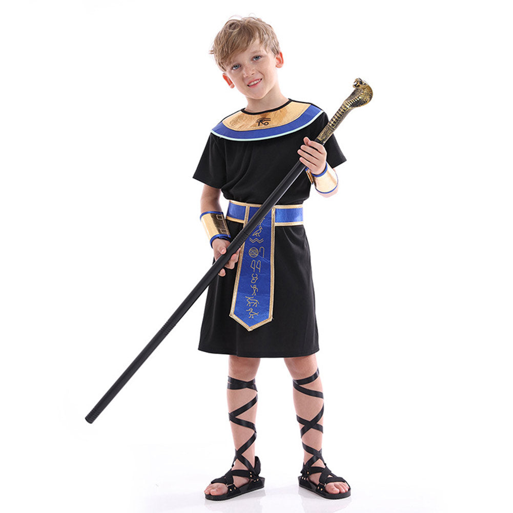 Egyptian Pharaoh Kids Boys 3 Piece Black Robe Collar Armguard Set Cosplay Costume Outfits Halloween Carnival Suit