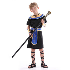 Egyptian Pharaoh Kids Boys 3 Piece Black Robe Collar Armguard Set Cosplay Costume Outfits Halloween Carnival Suit