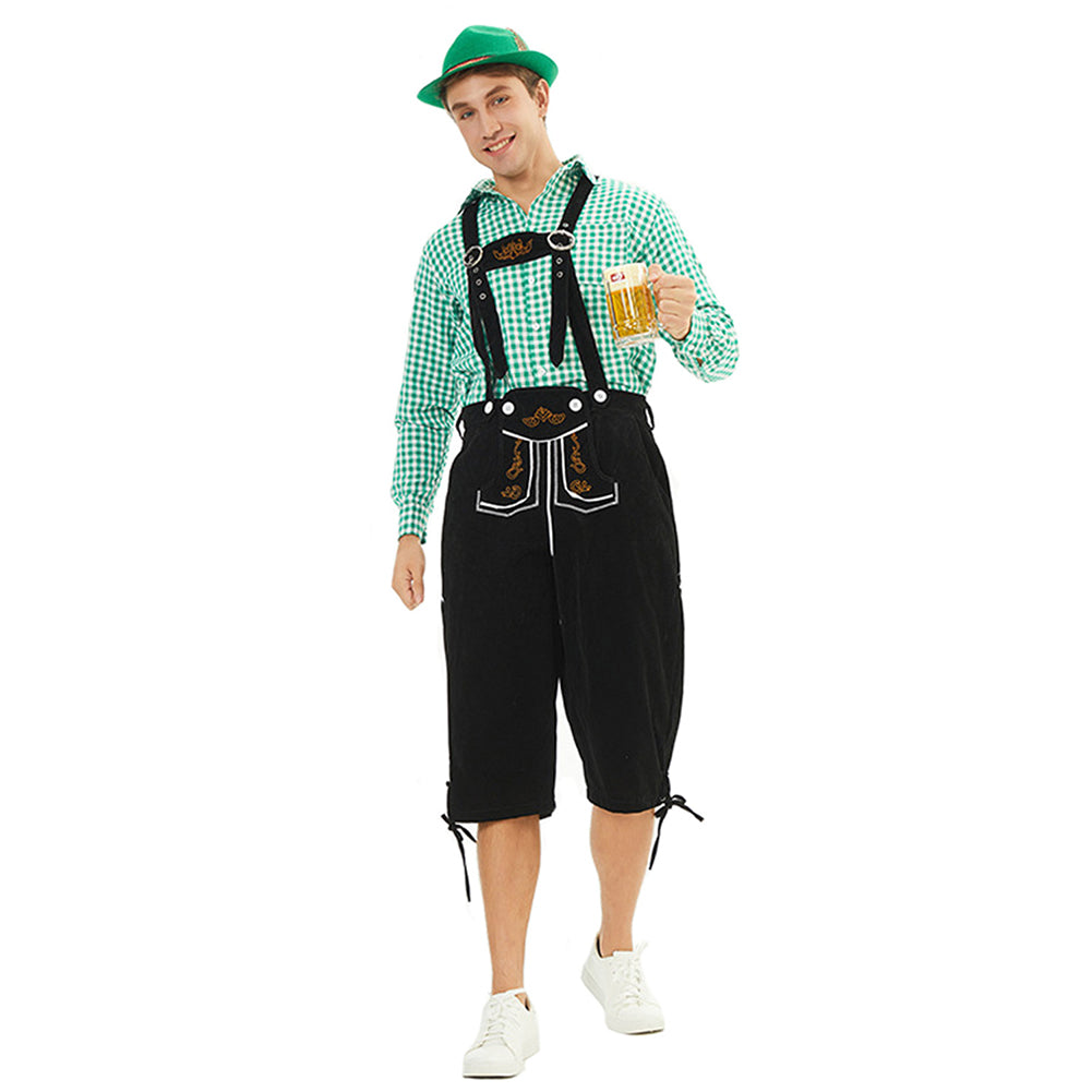 German Bavarian Munich Beer Festival Clothing Oktoberfest Green Plaid Top Black Pants Set For Adult Men Halloween Carnival Party Suit