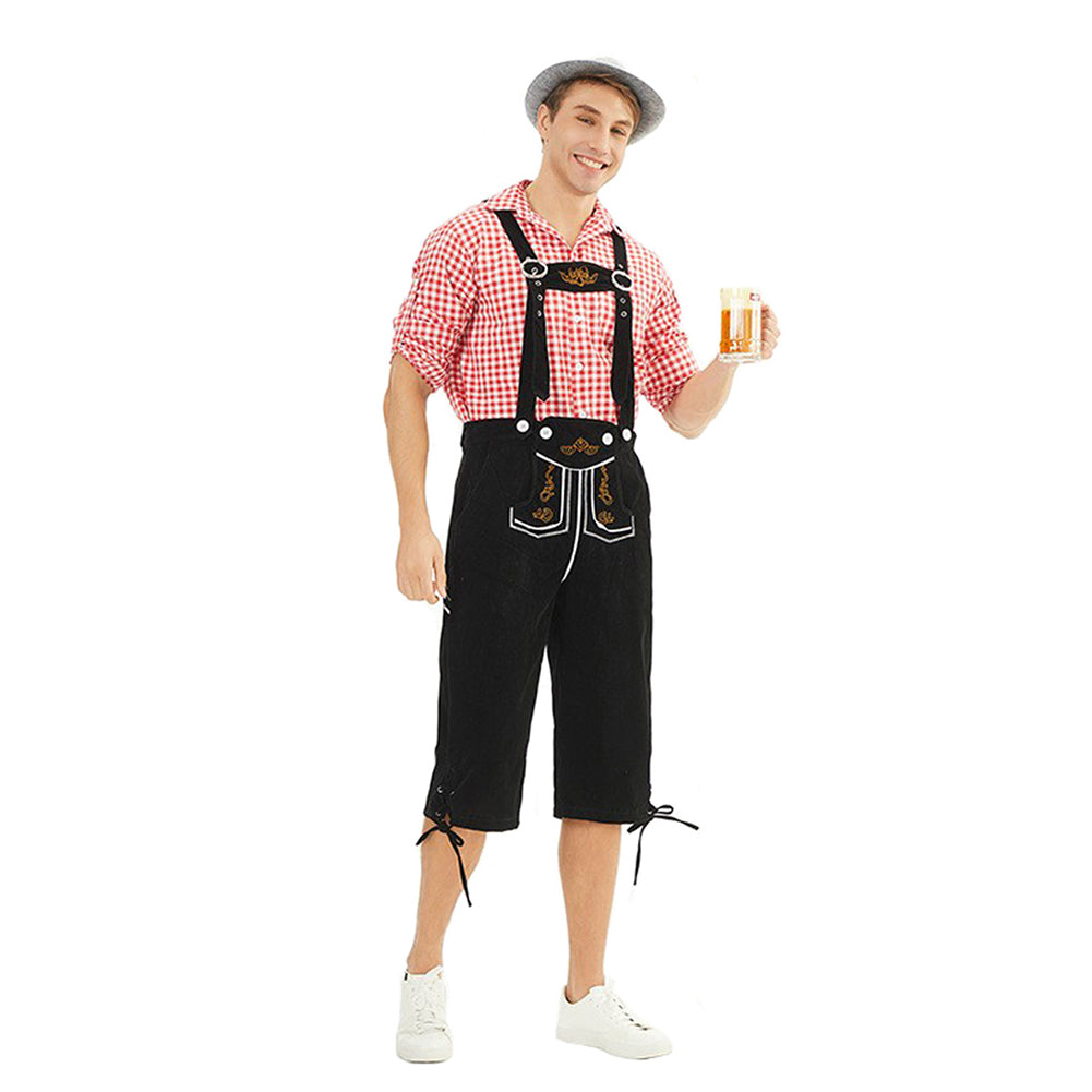 German Bavarian Munich Beer Festival Clothing Oktoberfest Pink Plaid Top Black Pants Set For Adult Men Halloween Carnival Party Suit