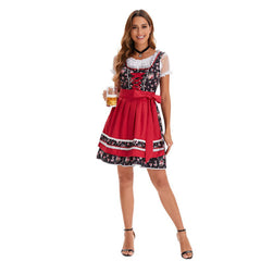 German Bavarian Munich Beer Festival Women Floral Printed Top Dress Apron Ribbon 4 Piece Set Cosplay Costume Outfits Halloween Carnival Suit